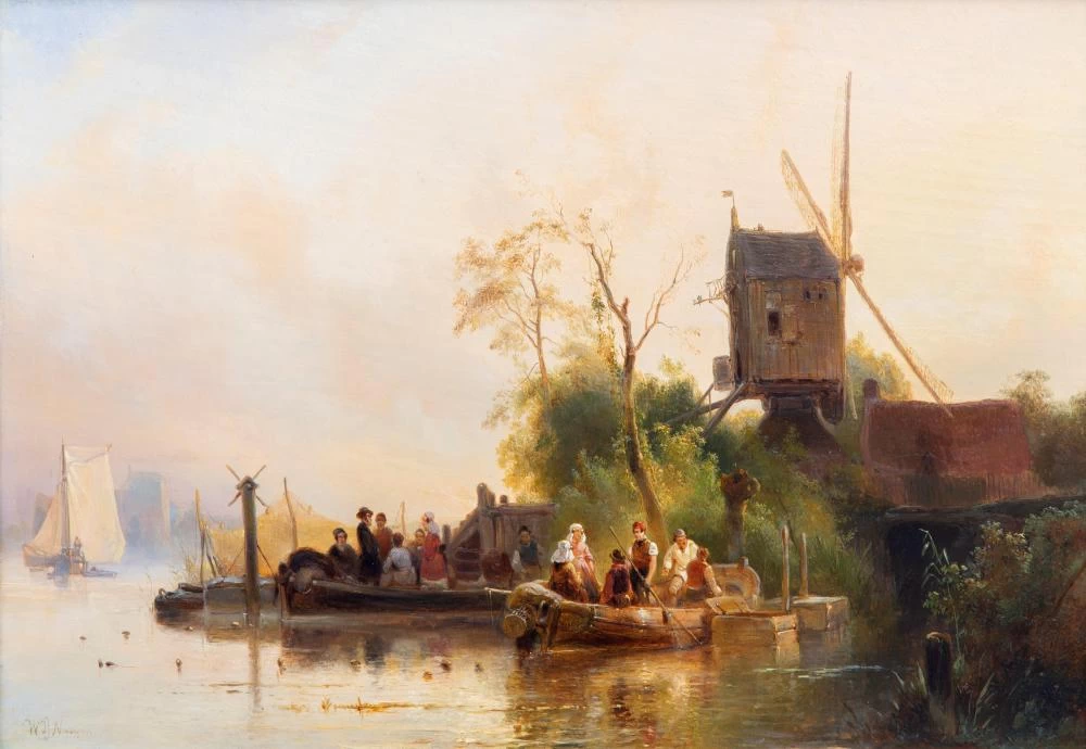 Wijnand Nuyen-64-Una compagnia gioiosa sul fiume vicino al mulino a vento